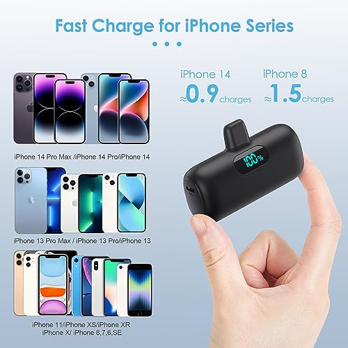 [2 Pack] Small Portable Charger for iPhone14/13, 5000mAh PD Fast Charging Power Bank, LCD Display Cute Mini Battery Pack Compatible with iPhone 14/14 Pro Max/13/13 Pro/12 Pro/11/XR/X/8-Black+Pink - color: Black+Pink