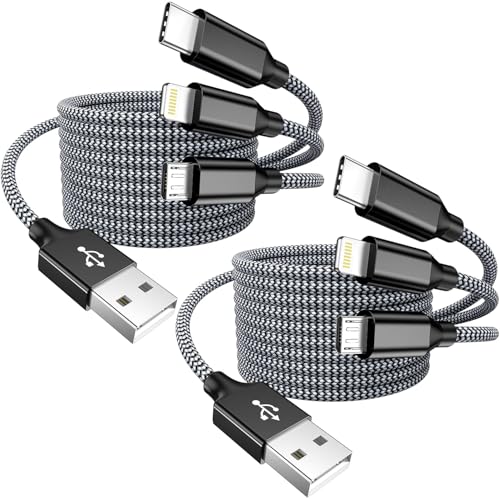 Multi Charging Cable,USB Universal 3 in 1 Charger,2Pack 4ft Car Cord - color: Grey/Black-4FT-2Pack