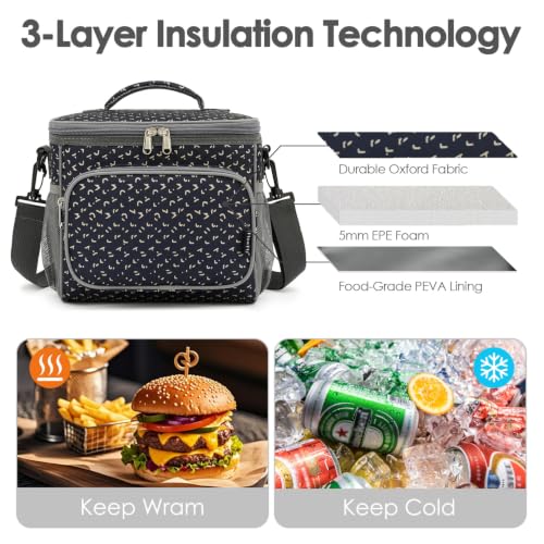 FlowFly Insulated Reusable Lunch Bag Adult Large Lunch Box for Women and Men with Adjustable Shoulder Strap,Front Zipper Pocket and Dual Large Mesh Side Pockets,Alphabet - color: Alphabet