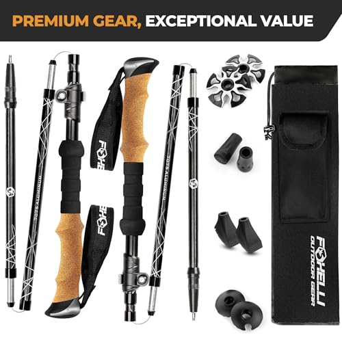 Foxelli Lightweight Trekking Poles – Compact Walking Sticks with Quick Locks, Ergonomic Cork Grip & All-Terrain Accessories – Adjustable Collapsible Poles for Travel & Hiking - size: 39-47in for Height: 4'11" to 5'8"