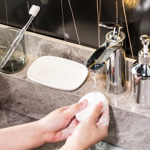 Miamolo Soap Dish for Shower, Soap Holder Raised Design, No More Mushy Soap | Ceramic Soap Saver, Stable Weighted Tray | Large for 2 Bar Soaps, Sponges | for Bathroom Kitchen Sink, Dishwasher Safe, White - color: White, size: Leaf Design