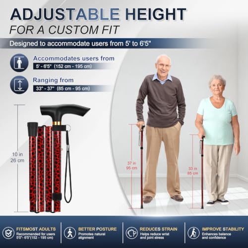 supregear Folding Cane, 5-Level Adjustable Height Walking Stick Lightweight Collapsible Portable Travel Cane with Wrist Strap and T Handle for Elderly Disabled Men Women - color: Leopard Red