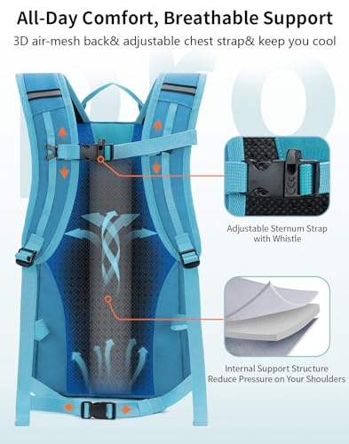 ECOHUB Small Hiking Backpack for Men Women, 20L Lightweight Travel Backpacks Water Resistant Camping Cycling Hiking Daypack - color: Pacific Teal