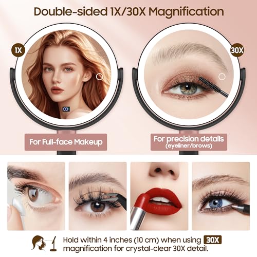 GOMIPURU Makeup Magnifying Mirror with Light 30X/1X, Digital Display, 2-Sided Touch Control, Makeup Mirror with 3 Color Lights,360° Rotate, Height Adjustable Lighted Magnifying Mirrors for Desk Travel - color: Black-l