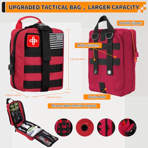 Survival Kit, Gifts for Men Women Teen Boys, 252 pcs Survival Gear and Equipment Mini First Aid Kit for Car Home, Emergency Kit with Molle System for Earthquake, Outdoor Adventure, Car Travel - style: 252pcs-red