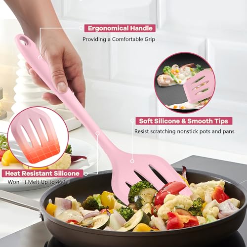 TeamFar Silicone Cooking Utensils, 10 pcs Kitchen Cooking Utensils Set | Heat Resistant Kitchen Gadgets Tools Set w/Spatula, Turners, Spoons, Soup Ladle, Pasta Server for Nonstick Cookware, Pink - color: Pink