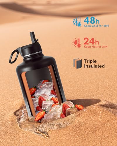 Coolflask 87 oz Insulated Water Bottle Stainless Steel with Straw & 3 Lids | 2/3 Gallon Large Water Jug, Triple-Wall Vacuum, Cold 48+h/Hot 24+h, Dishwasher Safe, BPA-Free, for Gym & Hiking - color: Piano Night, size: 87 Ounces