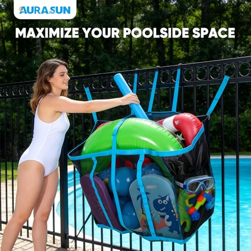AURASUN 31" L x 20" W Hanging Mesh Pool Toys Storage Bag (Side Pocket) - size: M - 31" L x 20" W