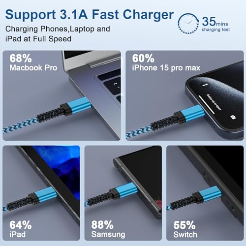 Samsung S24 S25 S26 Fast Charger Type C Cord 2Pack/3FT Braided USB C to USB A Car Charging Cord for Samsung Galaxy A17 A16 A15 5G,A55,A54,A25,A35,A14,S24,S23,S22,S21,S20,iPhone 17 16 15 Pro,Pixel 9,8 - color: Blue,Purple