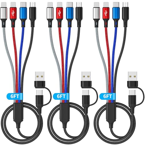 6 in 1 Multi Charging Cable (3Pack 6FT) USB A/C Universal Charger Cable | Multiple Charging Cable for All Devices,Lightning*2/Type C/Micro USB Ports for iPhone 17-11/Galaxy/Tablets/PS Home,Office,Car