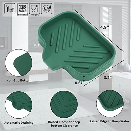 MicoYang Silicone Soap Dish with Drain Spout, Self-Draining Sink Organizer Tray for Bathroom and Kitchen, Sponges, Dispensers and Soap Holder, Non-Slip and Dishwasher Safe, Green (Compact, 4.9"×3.2") - color: Green, size: S(4.9"×3.2")