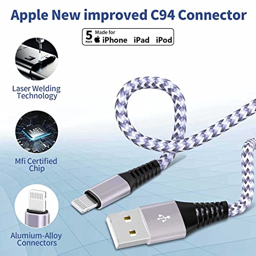 5 Pack Short Lightning Cable(8 Inch), [Apple MFi Certified] iPhone Fast Charging Cable,USB to Lightning High Speed Data Sync Nylon Braided Cord for iPhone 14/13/12/11/XR/X/8/7/6/iPad/Airpods/PowerBank - color: A TO L Silver 8IN