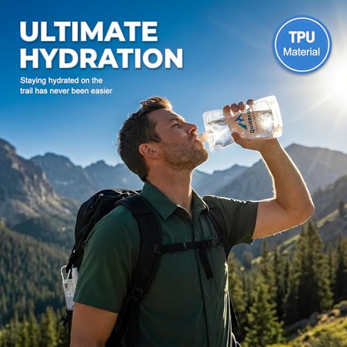 Quinnsus 2-Pack 1L Collapsible Water Bottles, 33oz BPA-Free Reusable Plastic Flasks, Foldable Backpacking Water Bottle Bag for Traveling, Hiking, Camping, Running