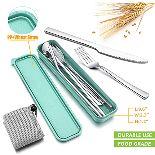 HaWare Portable Travel Utensils with Case, Stainless Steel Silverware Set for Camping Office School Lunch, Including Knife Fork Spoon Chopsticks, Reusable and Dishwasher Safe(Green) - color: Green Case