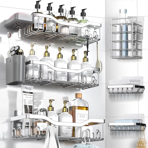 NESOMI Shower Caddy Adhesive Shower Organizer 8-Pack, Rustproof Stainless Steel Bathroom Shelves, Large Capacity No-Drill Rack Storage Accessories with Soap Dish Toothbrush Holder Hooks - color: Silver, size: 8-Piece Set