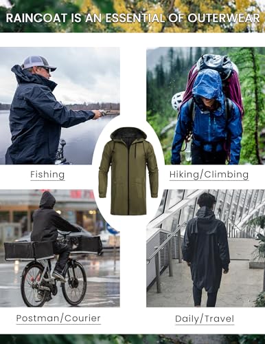 COOFANDY Men's Long Raincoat Ligtweight Rain Jacket Waterproof Outdoor Jackets with Hood - color: Olive Green, size: Medium