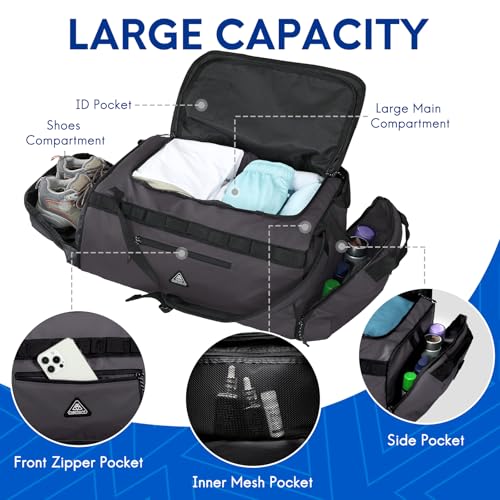 Haimont Duffel Backpack Bag 50L Water Repellent Sports Gym Bag Foldable Men Women with Shoe Compartment for Travel Hiking Camping Outdoor, Upgrade, Dark Grey - color: Army Grey