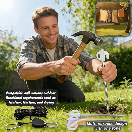 Camping Tent Rope Pulley System with Stakes, 4mm Braided Polyester Wind Rope, 13ft Adjustable Tightener with Carabiner and 4 Glow-in-the-Dark Steel Stakes, 34kg Load Capacity