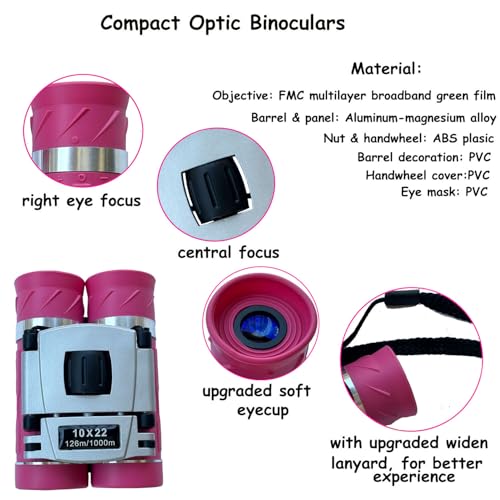 10x22 Compact Binoculars for Adults Teens, Mini Small Optical Binoculars for Bird Watching Opera Hiking Hunting Travel Concert (Pink, 10x22)