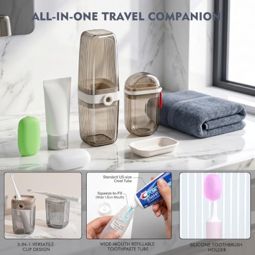 Toothbrush Travel Case Kit 6 in 1 Toothbrush Holder and Rinse Cup TSA Approved Portable Toiletry Organizer for Business Trip Traveling Gym Camping,Includes 2 Cups, Soap Case & 2 Brush Covers
