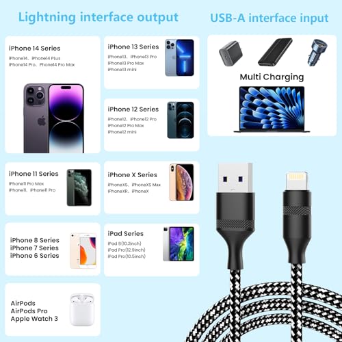 16FT Extra Long USB A to Lightning Charger Cable for iPhone,Apple MFi Certified Charger Cord, 5M Fast Charging Nylon Braided Charge Cord for iPhone 14 Pro Max/14/13Pro/12/11/X/XS/XR/8/7/6/iPad-Black - color: Black