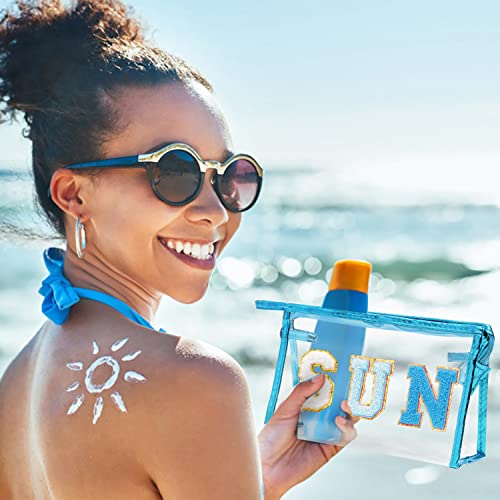 Y1tvei Preppy Patch SUN Varsity Letter Cosmetic Toiletry Bag Transparent PVC Zipper Makeup Bag Clutch Purse Portable Waterproof Travel Organizer Compliant Bag for Women Girls Teens (Blue) - color: Blue SUN Blue