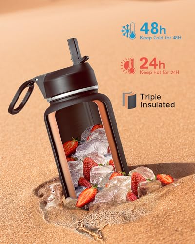 Coolflask 40 oz Water Bottle Insulated with Straw & 3 Leakproof Lids - color: Magic Black, size: 40 Ounces