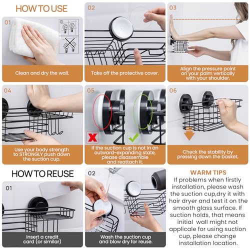 Shower Caddy Suction Cup, 2 Pack Suction Shower Shelf With Hooks | Black Shower Caddies, Soap holder, NO-Drilling Bathroom Holder, Rustproof bathroom organizer - color: 2 X Black