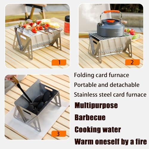 Outdoor Stainless Steel Camping Grill Folding Barbecue Grills Mini Portable Camping Grill with Bamboo chopsticks/Storage bag, Small Assemblable Removable BBQ Grill Tabletop Fire Pit for Camping Patio