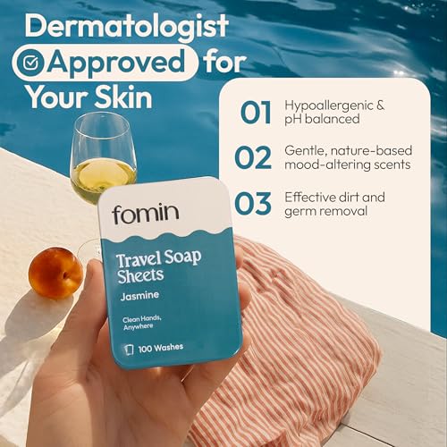 FOMIN - Paper Soap Sheets for Traveling - 300 Jasmine Portable Hand Soap Sheets for Travel in Tin - Dissolvable Mini Portable Travel Soap Sheet for Hand Washing, Camping and Hiking - color: Jasmine (Pack of 3)