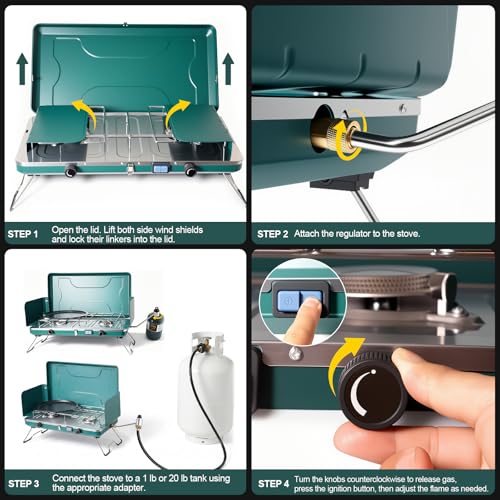 2 Burner Propane Stove, 20000BTU Portable Camping Stove with 2 Adjustable Burner and Wind Guards, Camping Cooktop with Ignition & Griddle for Camping,Tailgating, BBQ, Grilling,Outdoor Gear - color: Deep Green