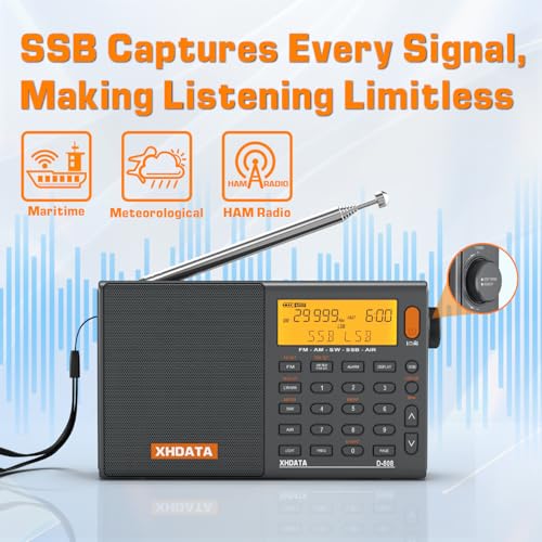 XHDATA D808 Portable AM FM SW LW Air Band Radio SSB RDS Multi Band Radio Speaker with LCD Display Alarm Clock External Antenna (Grey) - color: Grey
