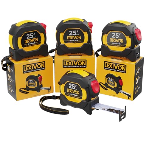 LEXIVON [4-Pack] 25Ft/7.5m Tape Measure, DuaLock & AutoLock | 1-Inch Wide Blade with Nylon Coating, Matte Finish White & Yellow Dual Sided Rule Print | Ft/Inch/Fractions/Metric (LX-204X2) - size: 4PK-25FT DuaLock & AutoLock