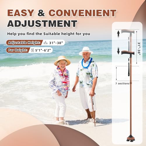 Walking Cane for Men & Women Walking Stick for Seniors Folding Canes Quad Cane Adjustable Lightweight Sturdy Collapsible Heavy Duty with Soft TPR T-Handle and Travel Bag - color: Brown