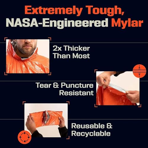 Emergency Poncho with Mylar,Thermal Poncho,Survival Rain Poncho,Lightweight, Compact, Reusable Emergency Blanket Poncho for Hiking, Camping, Thermal Gear, Car Kit, Outdoors - 4 Pack (Orange)
