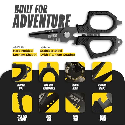Beyond Fishing 6.5" Pro Fishing Shears Dual Serrated Blades, Fishing Braided Line Scissors with Titanium Coating, Non-Slip Grip & Multifunction Tool, Includes Hard Molded Locking Sheath - color: Pro - Black