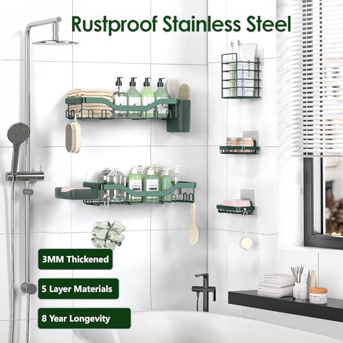 NESOMI Shower Caddy Adhesive Shower Organizer 7-Pack, Rustproof Stainless Steel Bathroom Shelves, Large Capacity No-Drill Rack Storage Accessories with Soap Dish Toothbrush Holder Hooks - color: Blackish Green, size: 7-Piece Set