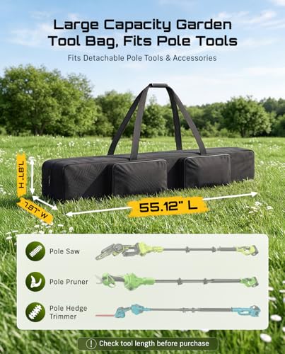 SEESII Universal 55-Inch Pole Storage Bag for Any Pole Tool | Compatible with 16FT Pole Saws, Pole Hedge Trimmers & Pruning Shears, Two Outside Pockets for Batteries, 600D Water-Resistant - color: Inky Black