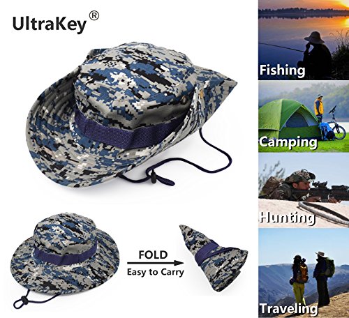 Outdoor Wide Brim Sun Protect Hat, Classic US Combat Army Style Bush Jungle Sun Cap for Fishing Hunting Camping - color: Blue Digital