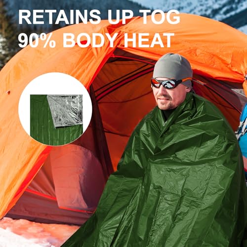 Emergency Survival Bag Waterproof Windproof Thermal Bivy Sack PE Aluminum Lining 90 Percent Body Heat Retention Compact for Camping Hiking Emergency - color: 2pack,army green