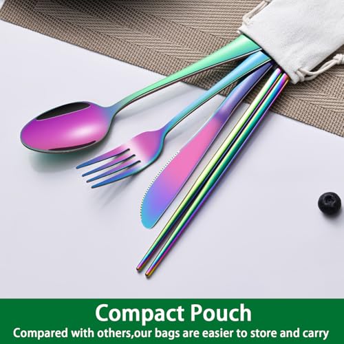 Rainbow Working Lunch Silveware Set,Reusable Travel Utensils Set With Case Includes Stainless Steel Chopsticks Knife Spoon And Fork,Camping Picnic Essentials - color: Rainbow