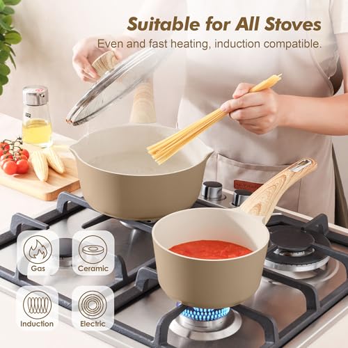 SENSARTE Ceramic Nonstick Sauce Pan with Lid, 1.5 Quart Small Saucepan, Cooking Pot with Stay Cool Handle, Non toxic Kitchen Sauce Pot, Non stick Saucier Pan, Induction Pot, PFOA PTFE PFAS PFOA Free - color: Ceramic Taupe, size: 1.5 Quarts