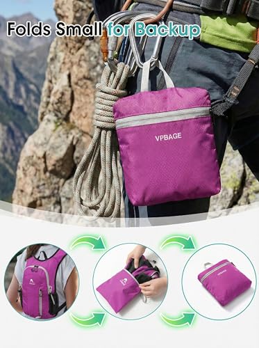 Foldable Small Hiking Backpack with 3 Strap Pockets – Lightweight 300D Spill-proof Daypack for Men Women – Packable Small Travel Backpack with Chest Strap & Trekking Pole Holder – Durable Outdoor Bag - color: Rosered-