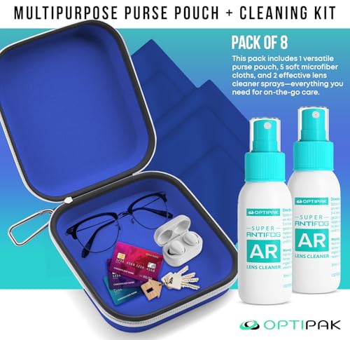 Anti Fog Lens Cleaner Spray Kit | (2x) 1oz Anti Fog Glasses Cleaner Bottles + (1x) Multipurpose Pouch + (5x) Microfiber Cloths for Eyeglasses, Mirror, Sunglasses Cleaning Kit (8 Piece Set)