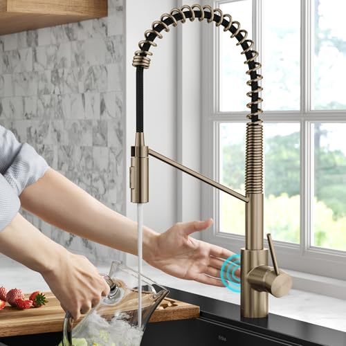 KRAUS Oletto Touchless Sensor Commercial Pull-Down Single Handle Kitchen Faucet with QuickDock Top Mount Assembly in Spot Free Antique Champagne Bronze, KSF-2631SFACB - color: Spot-Free Antique Champagne Bronze, style: Touchless Commercial Style