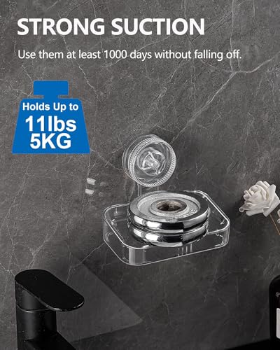 Soap Dish - Clear Suction Cup Soap Dish for Shower with Strong Suction & Reusable Adhesive NO-Drilling Self Draining Removable Waterproof Soap Sponge Holder for Shower Bathroom Bathtub Kitchen