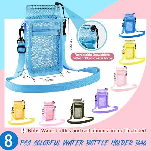 Berlune Water Bottle Holder with Strap Drawstring Water Bottle Carrier with Zipper Pocket Adjustable Shoulder Mesh Sling Bag for Hiking Walking Camping Travel - color: Macaron Color