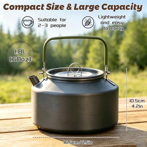 1.8L Camping Kettle, Lightweight Aluminum Alloy Coffee Pot Tea Kettle | Anti-Scald Handle & Portable Carry Bag, Fast Boiling Water for Open Fire Stove Hiking Backpacking Picnic