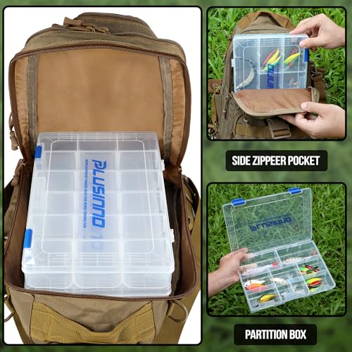 PLUSINNO Fishing Backpack Tackle Bag, Water-Resistant Backpack with Rod Holder, Ideal Gifts for Men - color: Khaki Fishing Backpack With 2 Boxes (No Rod)