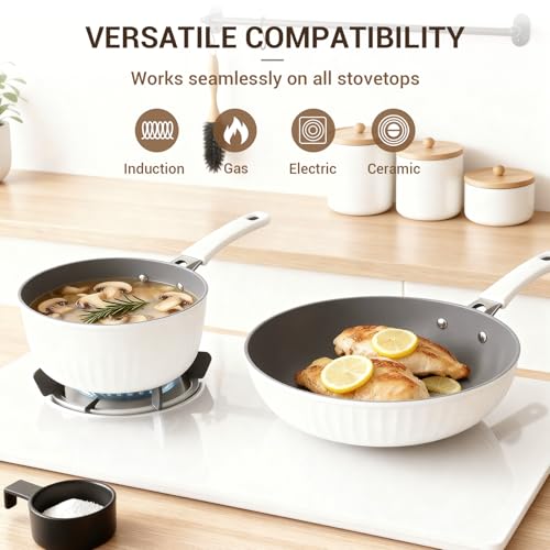 Ammeloo 15-Piece Ribbed Ceramic Cookware Set, Pots and Pans Set Non Stick, Induction Ready, Healthy Non Toxic Kitchen Cooking Set PFAS/PFOA/PTFE-Free, Silicone-wrapped Stay-Cool Handle - color: Cream White